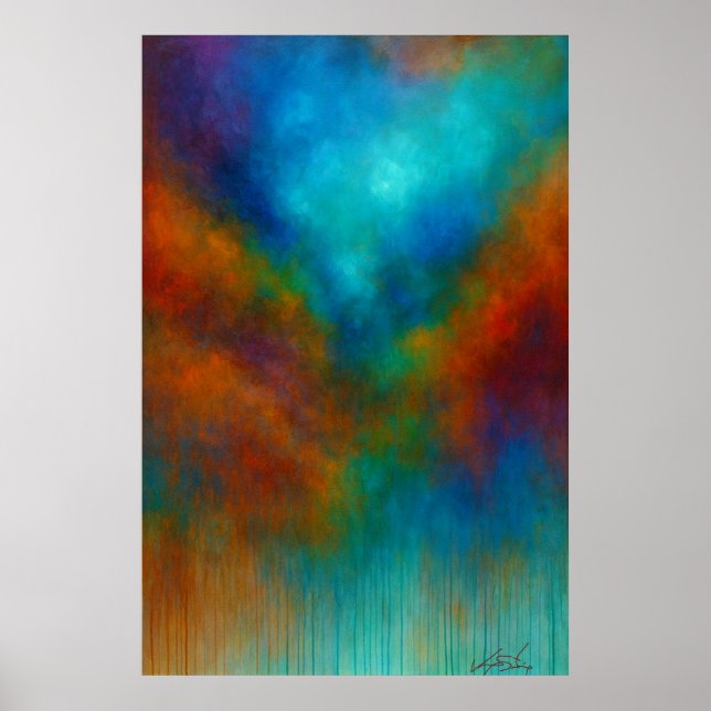 Affiche Nebula Cascade - Cyan and Crimson Abstract Drip (Devant)