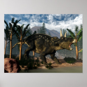 Affiche Nedoceratops rugissant en cours d'exécution - rend