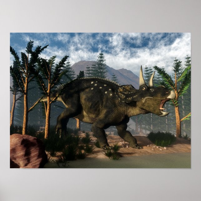 Affiche Nedoceratops rugissant en cours d'exécution - rend (Devant)