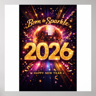 Affiche Née pour briller 2026 Boule disco Bonne année