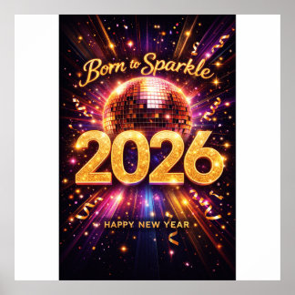 Affiche Née pour briller 2026 Boule disco Bonne année