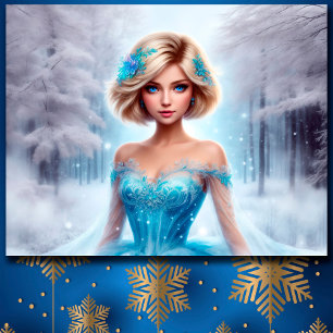 Affiche Neige fille bleu hiver flocons de neige mignonette