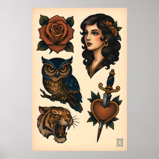 Affiche Neo-Traditional Tattoo Flash Sheet Matte  Art