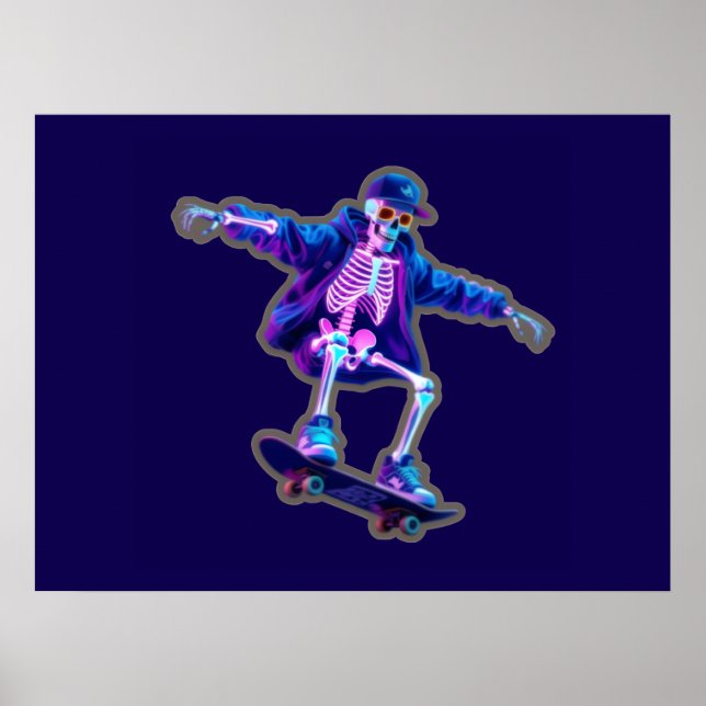 Affiche Neon 3D Skeleton Skateboarding – Funny Streetwear  (Devant)