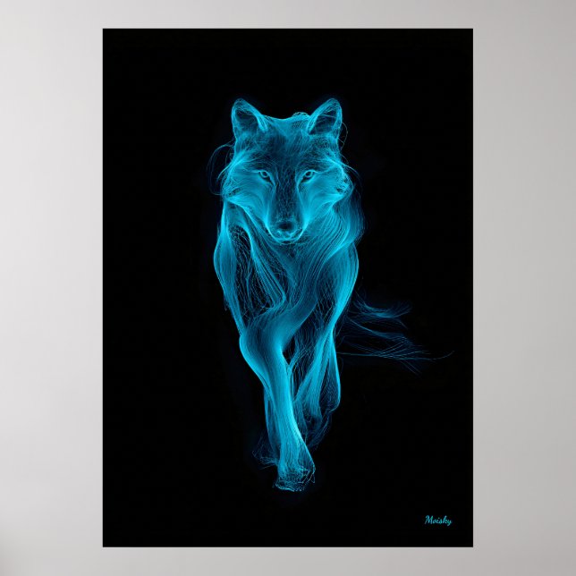Affiche Neon Blue Wolf Futuristic Filament Wall Art (Devant)