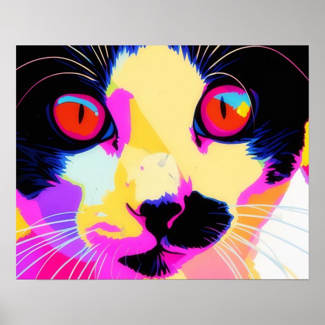 Affiche néon colorée d'art pop de chat (Devant)