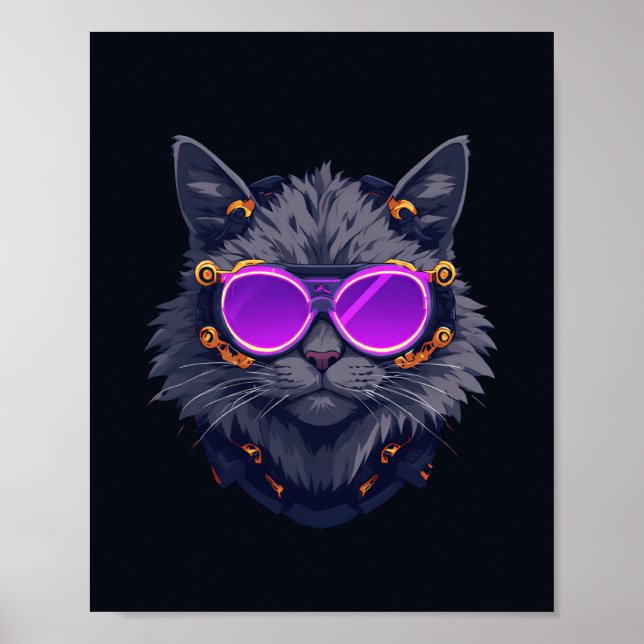 Affiche néon cyberpunk chat sorcière mecha (Devant)