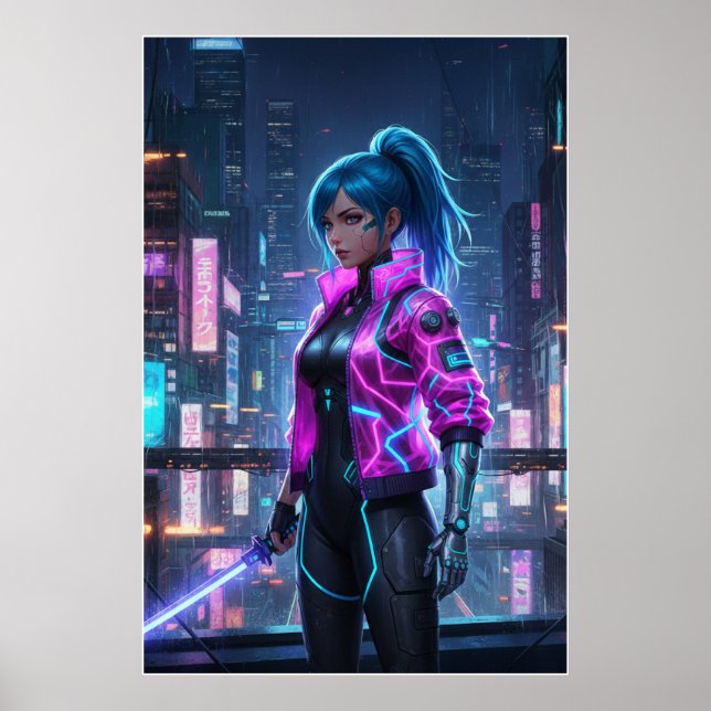 Affiche Neon Cyberpunk Girl | Futuristic City Warrior (Devant)