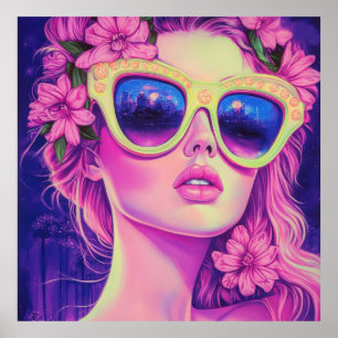 Affiche Neon Dream Girl avec lunettes de soleil florales