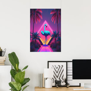 Affiche Neon Flamant rose Palmiers Vaporwave Esthétique