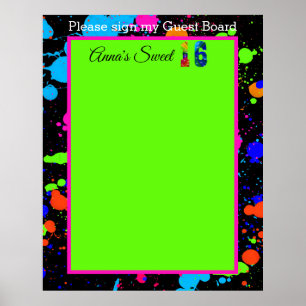 Affiche Neon Glow Paint Splatter Sweet 16 Planche d'hôtes
