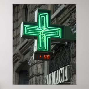 Affiche Neon Green cross en dehors de Farmacia (pharmacie 