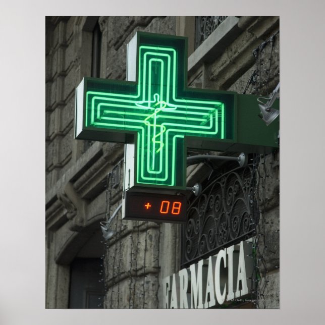Affiche Neon Green cross en dehors de Farmacia (pharmacie  (Devant)
