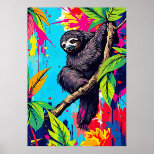Affiche Neon Jungle Sloth - Color Splash Animal Art