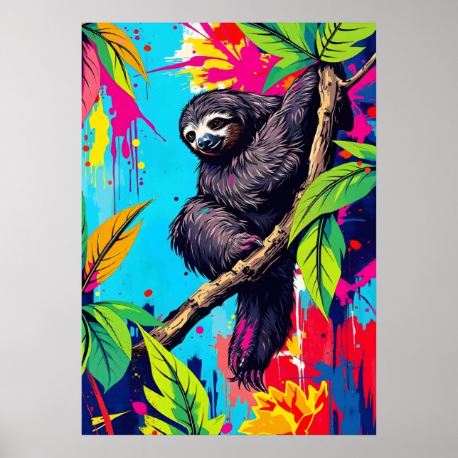Affiche Neon Jungle Sloth - Color Splash Animal Art (Devant)