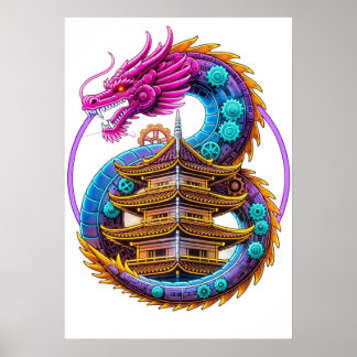 Affiche Neon Mechanical Dragon Pagoda Emblem Art