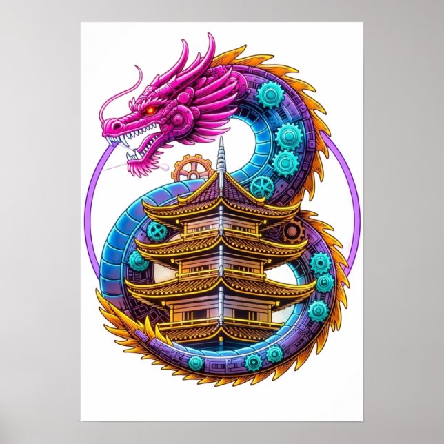 Affiche Neon Mechanical Dragon Pagoda Emblem Art (Devant)