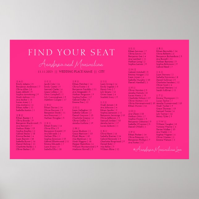 Affiche Neon Pink Basic Wedding Alphabetical Seating Chart (Devant)