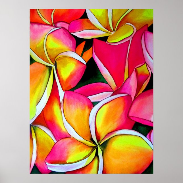 Affiche Neon Pink Frangipani Plumeria aquarelle art (Devant)