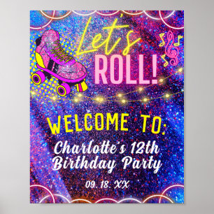 Affiche Neon Pink Roll Roller Skating Party Bienvenue