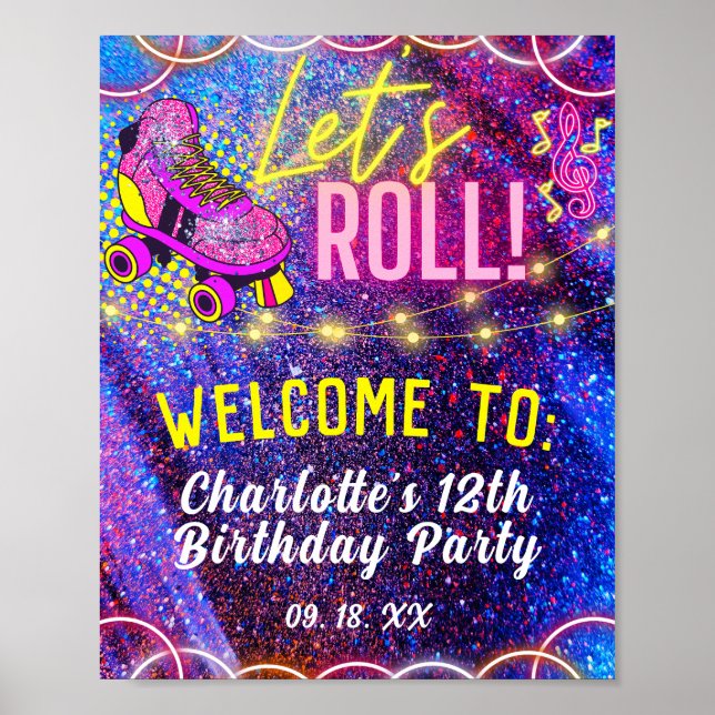 Affiche Neon Pink Roll Roller Skating Party Bienvenue (Devant)