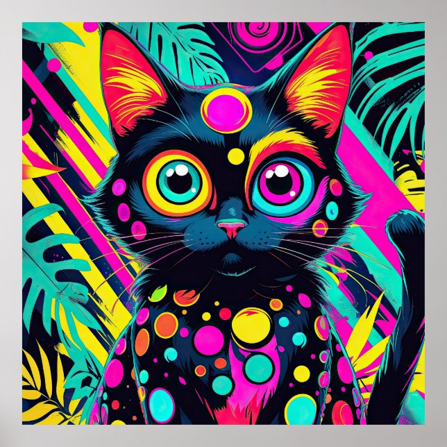 Affiche ✨ Neon Psychedelic Cat – Pop Art Design 🎨🐱 (Devant)