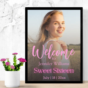 Affiche néon rose girly élégant photo doux 16 bienvenue