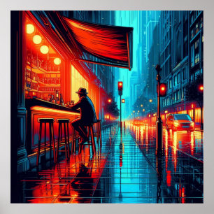 Affiche Neon Solitude : Nuit pluvieuse au City Cafe