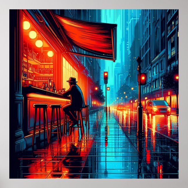 Affiche Neon Solitude : Nuit pluvieuse au City Cafe (Devant)