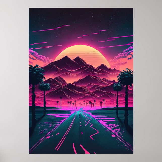 Affiche Neon Sunrise au-dessus des montagnes (Devant)