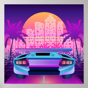 Affiche Neon Vaporwave City Sunset et voiture 80s rétro
