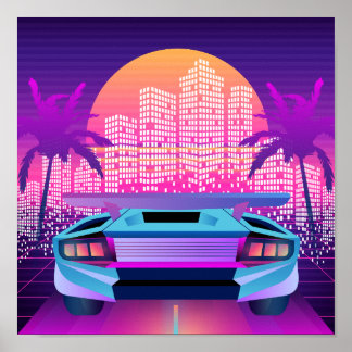 Affiche Neon Vaporwave City Sunset et voiture 80s rétro