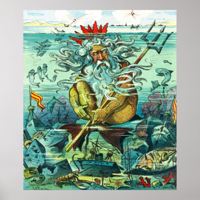 Affiche Neptune sitting among sunken wrecks (Devant)