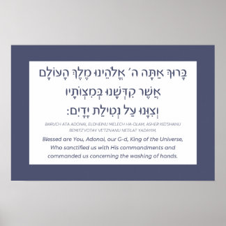 Affiche Netilat Yadayim Hébreu Bénédiction Main Laver Bleu