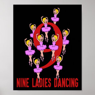 Affiche Neuf Dames Danser Chanson 12 Jours Tee de Noël