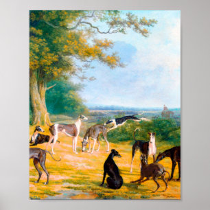 Affiche Neuf Greyhounds dans un paysage par Jacques-Lauren