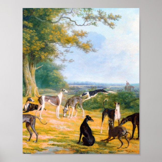 Affiche Neuf Greyhounds dans un paysage par Jacques-Lauren (Devant)