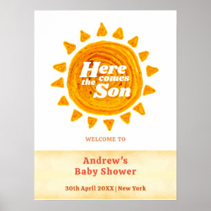 Affiche Neutral Here Come Boho Baby shower accueil