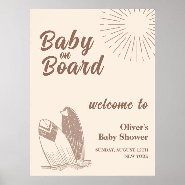 Affiche Neutral Minimal Boho Surfboard Baby shower Bienven (Devant)