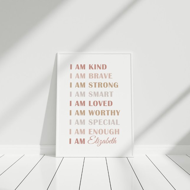 Affiche Neutre Nom personnalisé Affirmation Enfants (Custom name affirmation poster for girls in white frame)