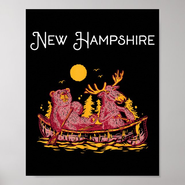 Affiche New Hampshire Shirt Funny Canoe Moose Elk Bear Lak (Devant)