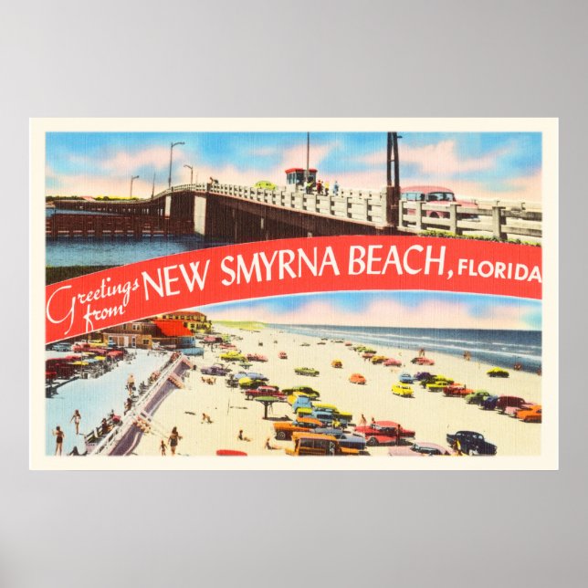 Affiche New Smyrna Beach Floride FL Vieux souvenir de voya (Devant)