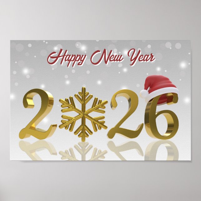 Affiche New Year Golden 2026 with Snowflake and Santa Hat (Devant)