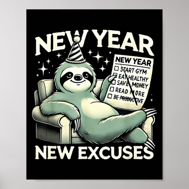 Affiche New Year New Excuses Funny Lazy Sloth New Year Res (Devant)