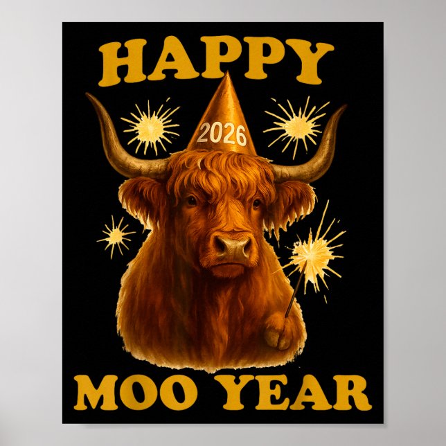 Affiche New Years Highland Cow Scottish Nye Party Farm Ani (Devant)