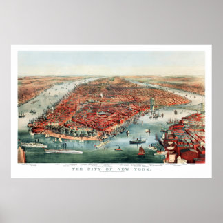 Affiche New York, 1870 Bird's Eye View Map Imprimer