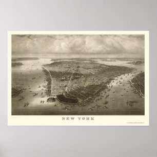 Affiche New York, carte panoramique de NY - 1851