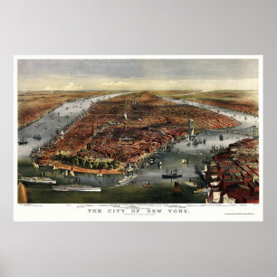 Affiche New York, carte panoramique de NY - 1870