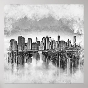 Affiche New York City Manhattan Skyline - noir et blanc