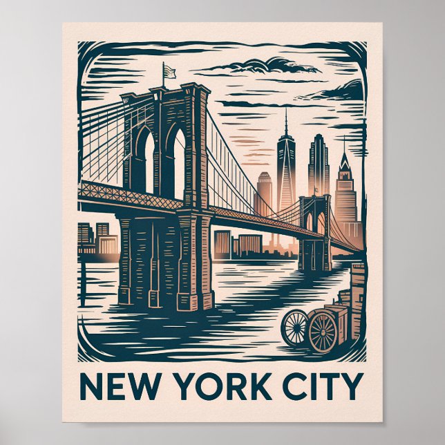 Affiche New York City Pont de Brooklyn Skyline Rétro Gras (Devant)